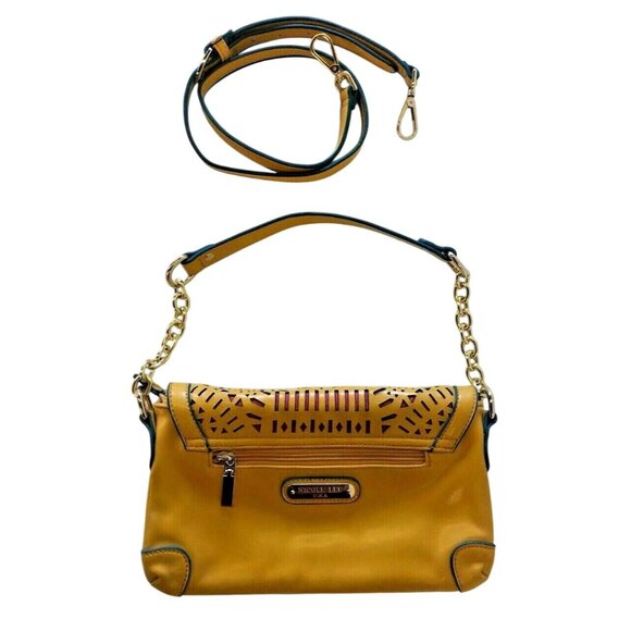 Nicole Lee Shoulder Handbag Purse Mustard Yellow Cut Out Rinestones Faux Leather - Picture 3 of 12